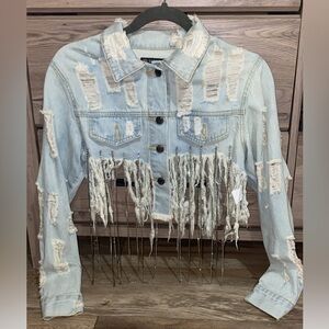 Distressed Light Blue Denim Jacket with Fringe